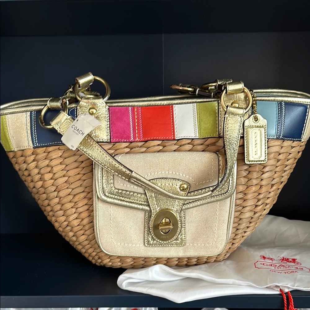 NWT Vintage Coach Legacy Multicolor Woven Straw Tote Bag